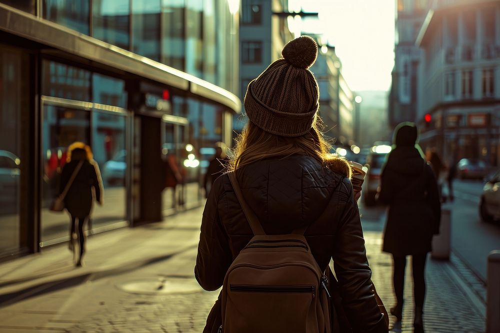 Woman walking city street adult.