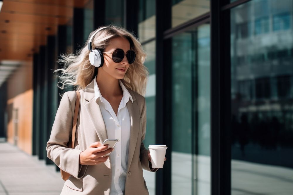 Woman walking blazer coffee city.