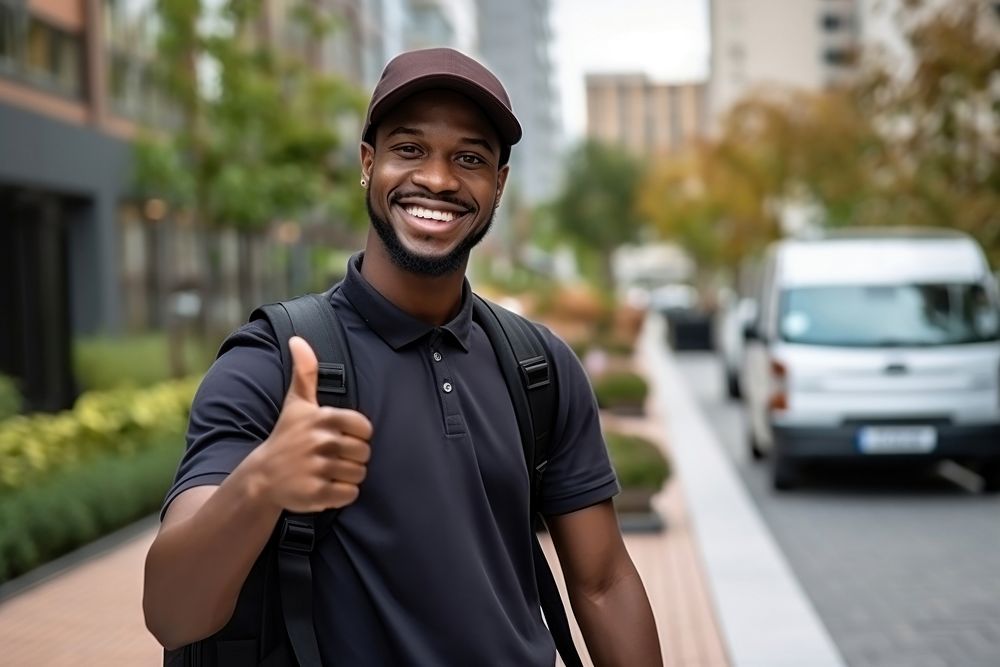 African american delivery man outdoors smile adult.