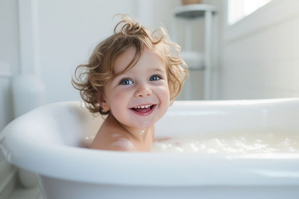 A young child bathtub bathing baby.