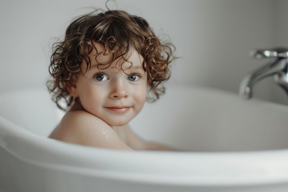 A young child bathtub photography portrait.