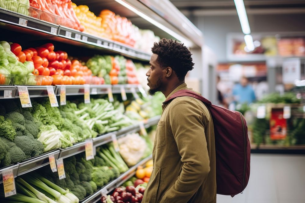 Black man supermarket shopping adult.