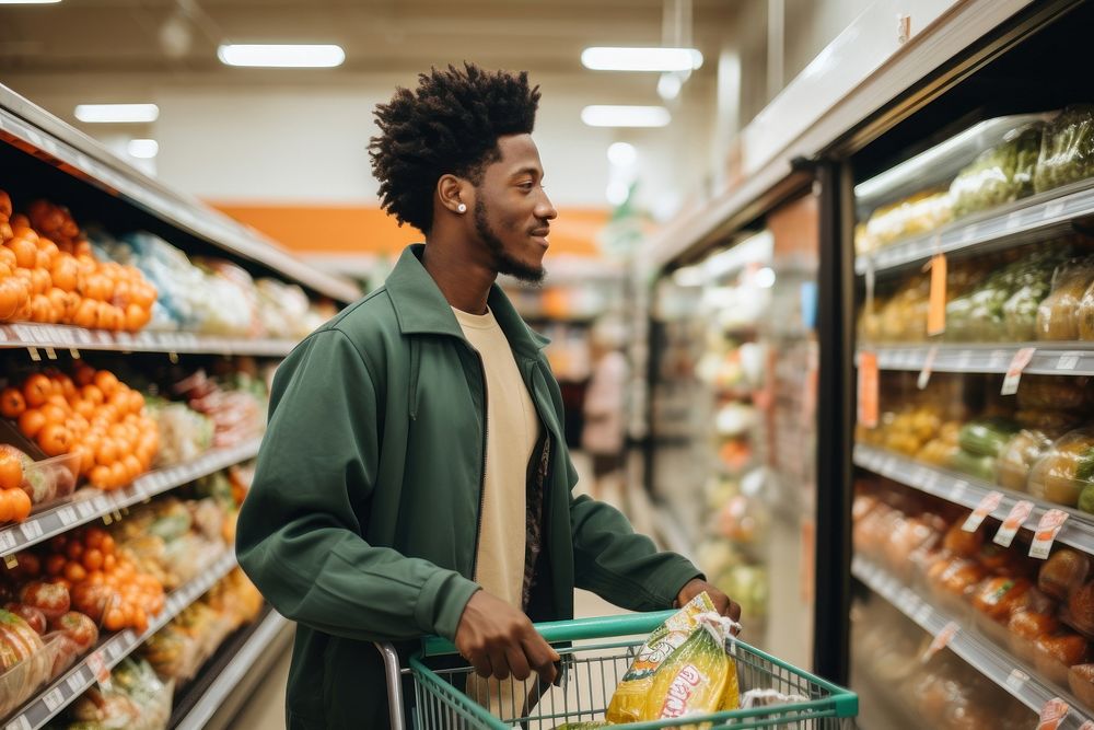 Black man shopping adult food.