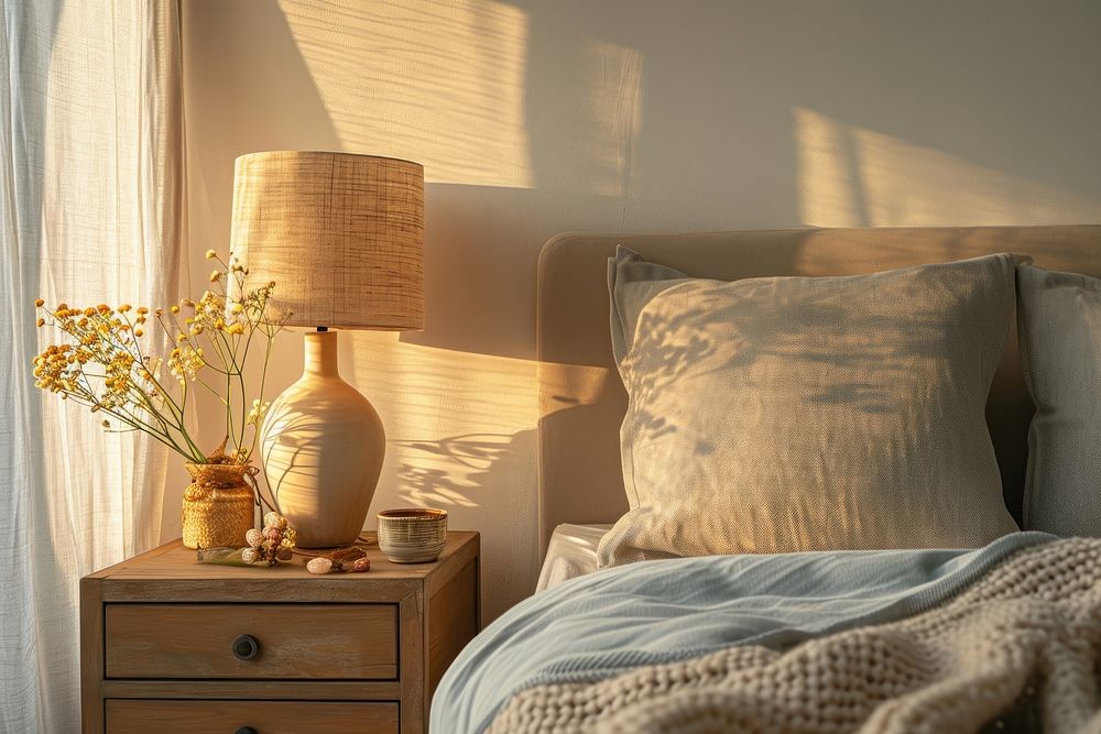 Lamp on bedside table furniture cushion bedroom.