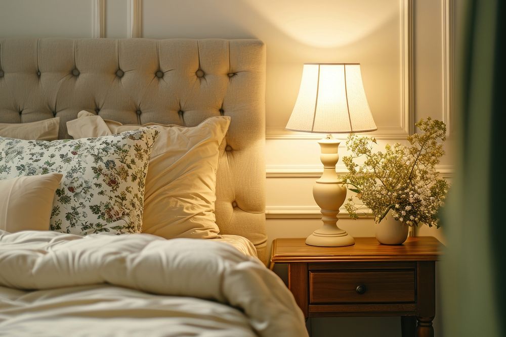 Lamp on bedside table furniture cushion bedroom.