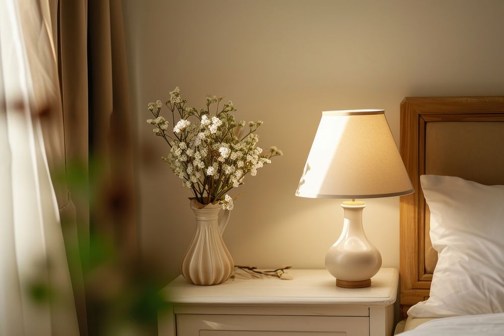 Lamp on bedside table furniture bedroom pillow.
