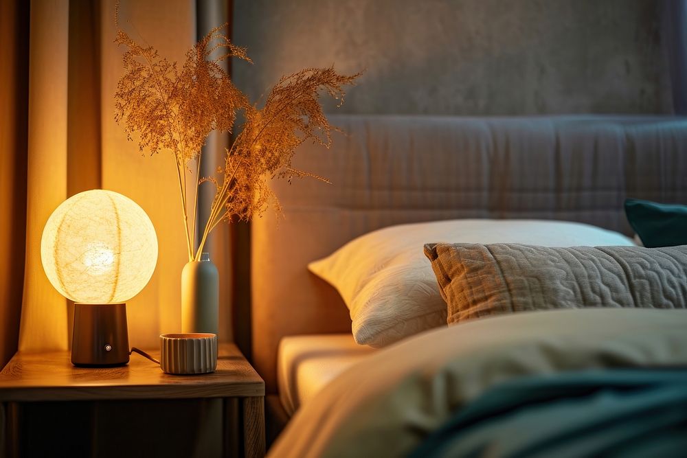 Lamp on bedside table cushion bedroom pillow.