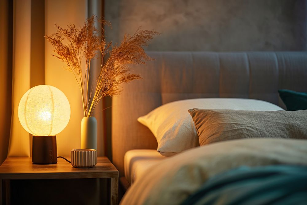Lamp on bedside table bedroom pillow cozy.
