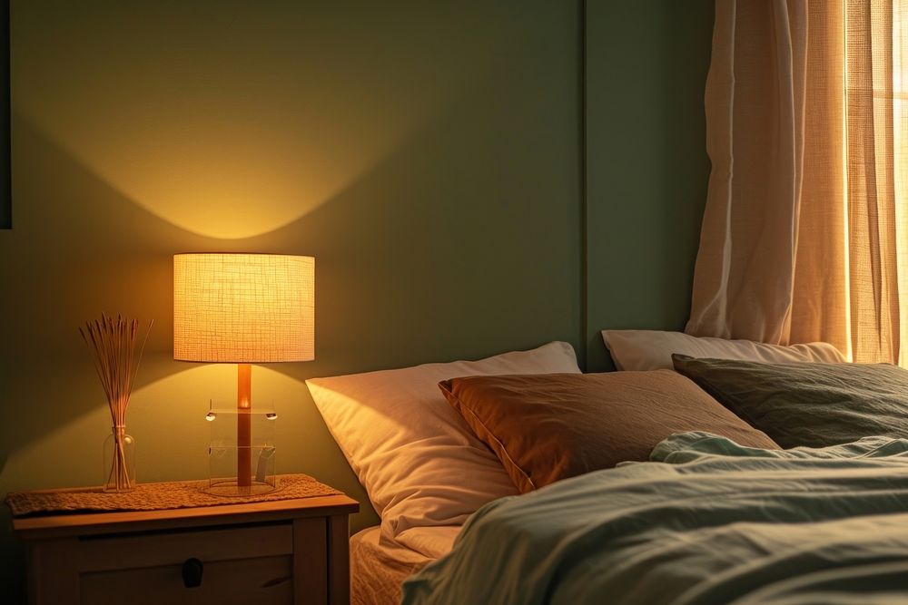 Lamp on bedside table furniture bedroom pillow.