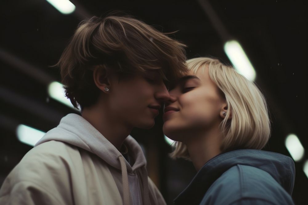 Cute aesthetic couple kissing adult affectionate. AI generated Image by rawpixel.