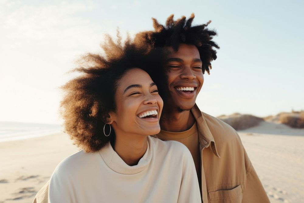 Aesthetic happy black couple laughing beach smile. AI generated Image by rawpixel.