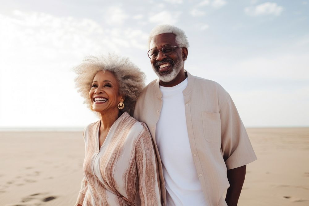 Aesthetic senior black couple laughing adult beach. AI generated Image by rawpixel.