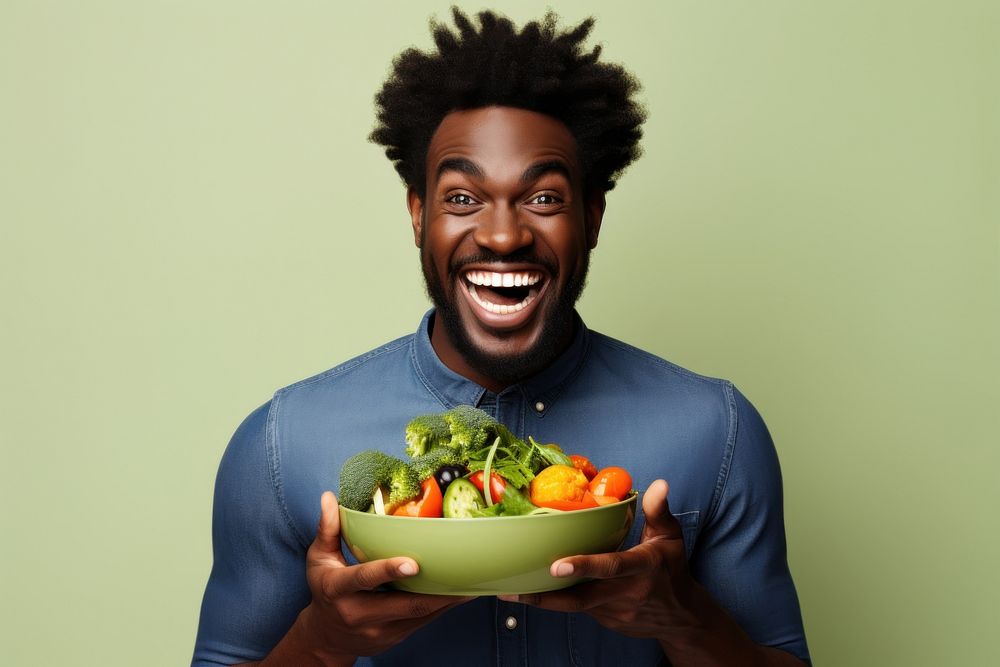 Excited black people man adult smile vegetable.