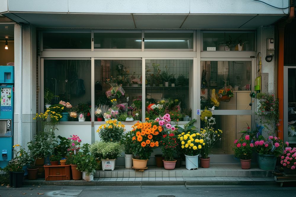 Flower shop window plant architecture.