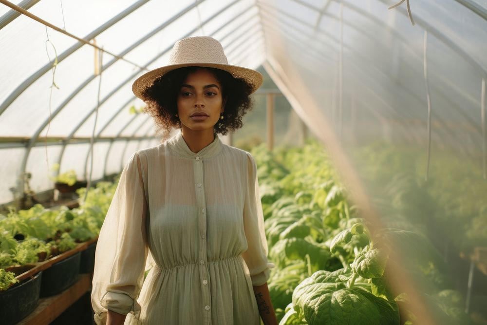 Black woman greenhouse gardening vegetable.
