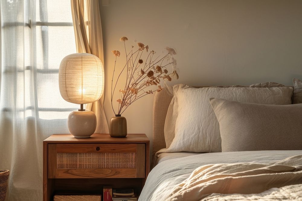 Lamp on bedside table bedroom furniture cushion.