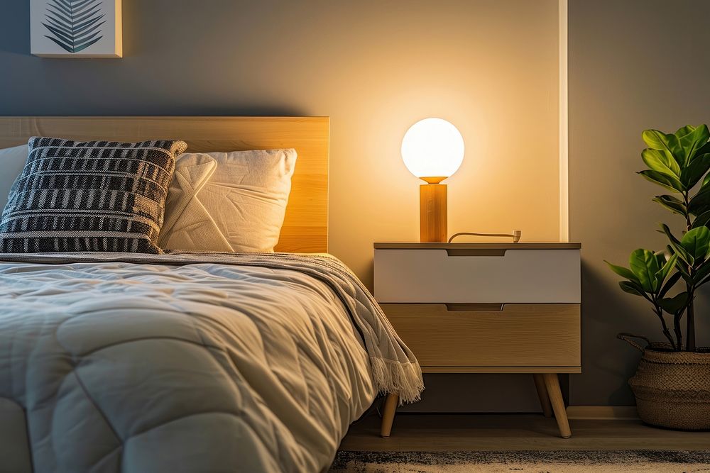 Lamp on bedside table bedroom furniture pillow.