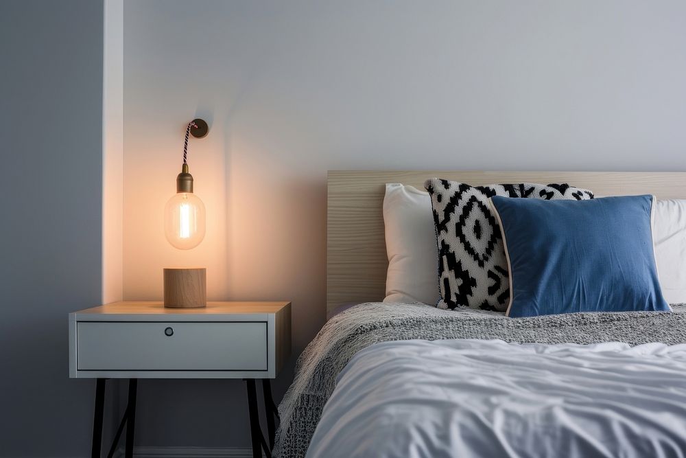 Lamp on bedside table bedroom furniture pillow.