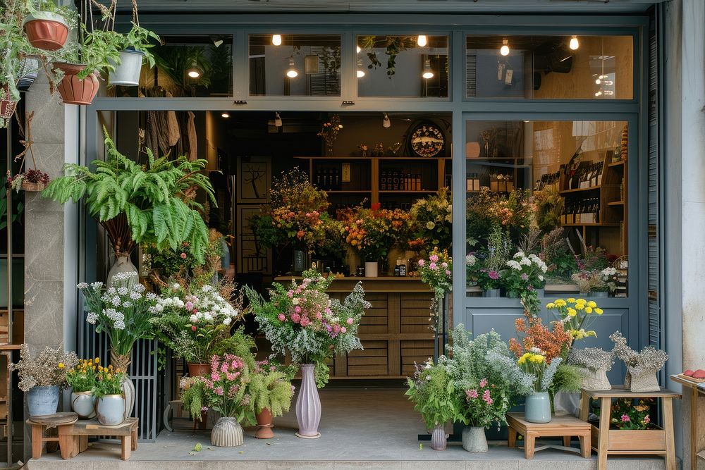 Modern flower shop outdoors plant small business.