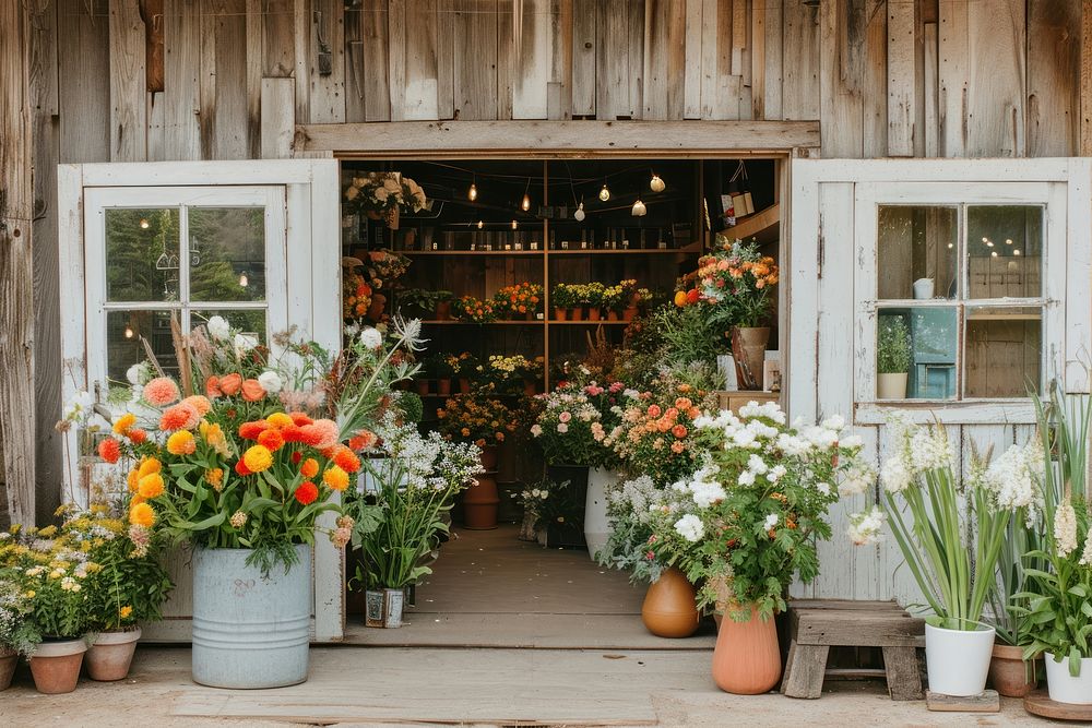 Modern rustic flower shop outdoors architecture building.