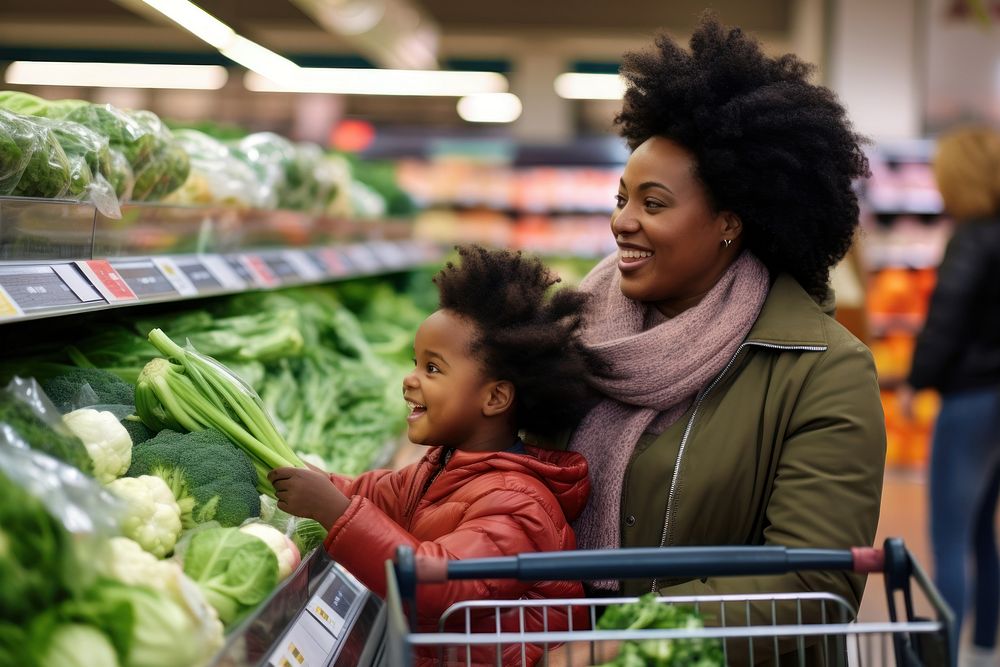 Chubby black woman market supermarket vegetable.