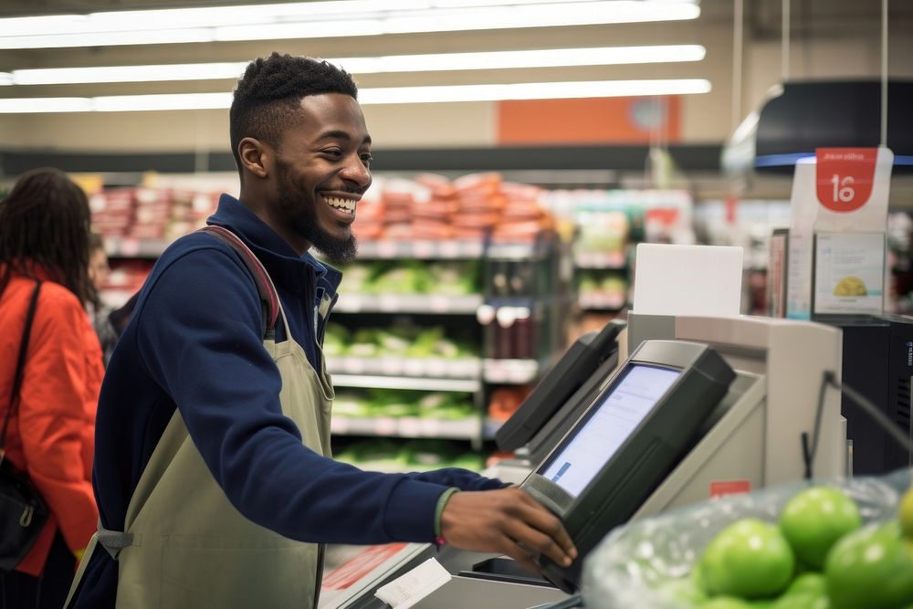 Black man supermarket checkout customer.