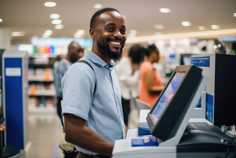Black man supermarket customer checkout.