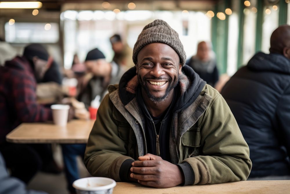 Black homeless man restaurant smiling adult.