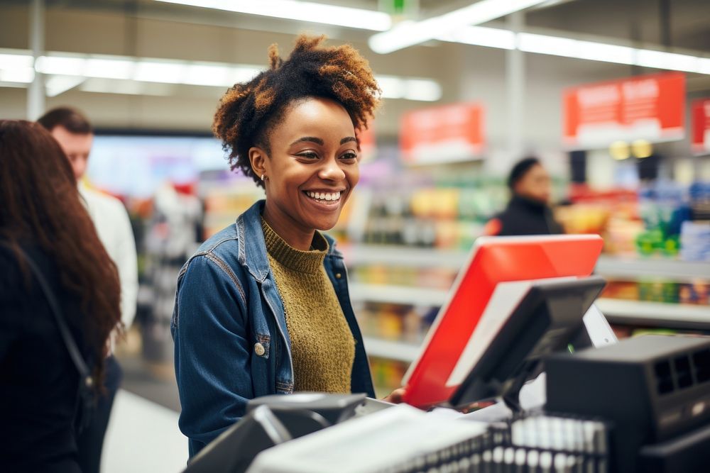 Smiling black woman supermarket checkout | Premium Photo - rawpixel