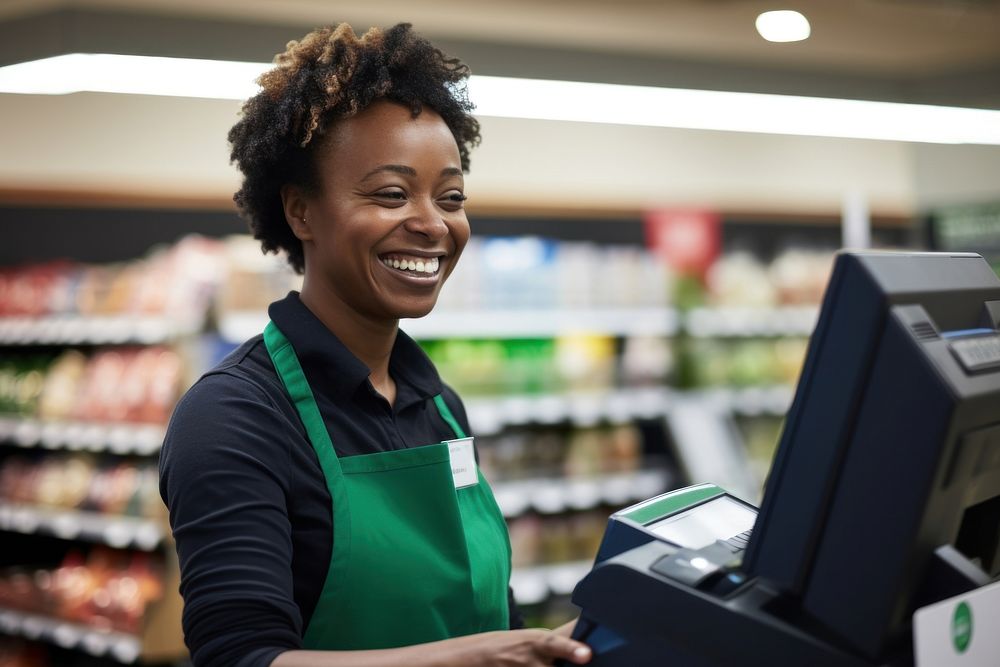 Smiling black woman supermarket customer checkout.