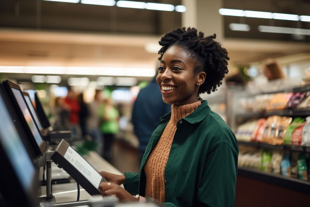 Smiling black woman supermarket customer checkout.
