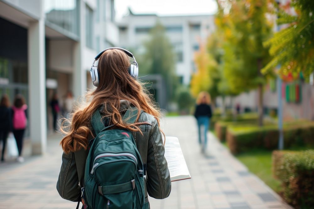 Student walking headphones backpack school.