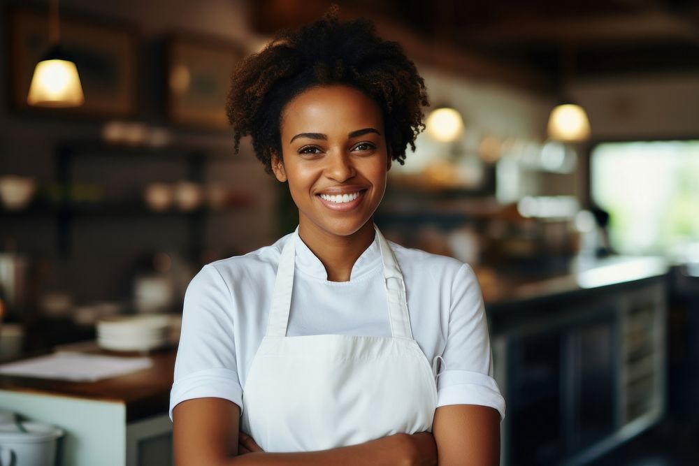 African American female chef restaurant smiling apron.