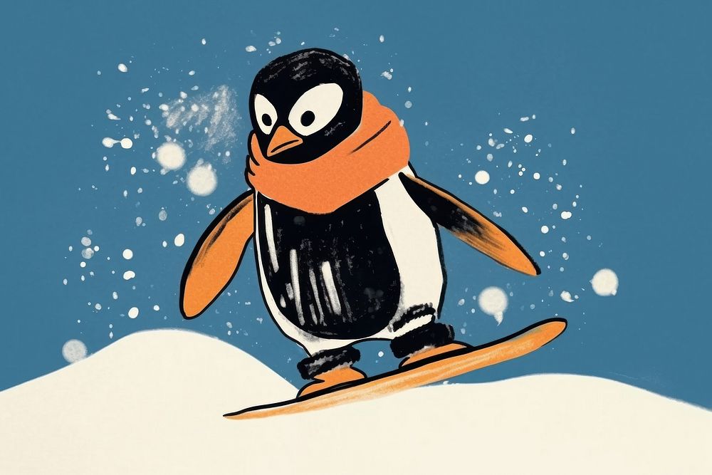 Penguin playing snowboard outdoors winter nature. AI generated Image by rawpixel.