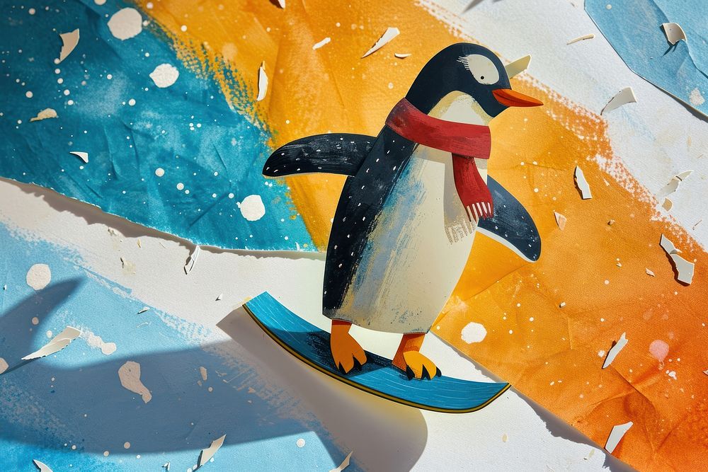 Penguin playing snowboard outdoors animal nature. AI generated Image by rawpixel.