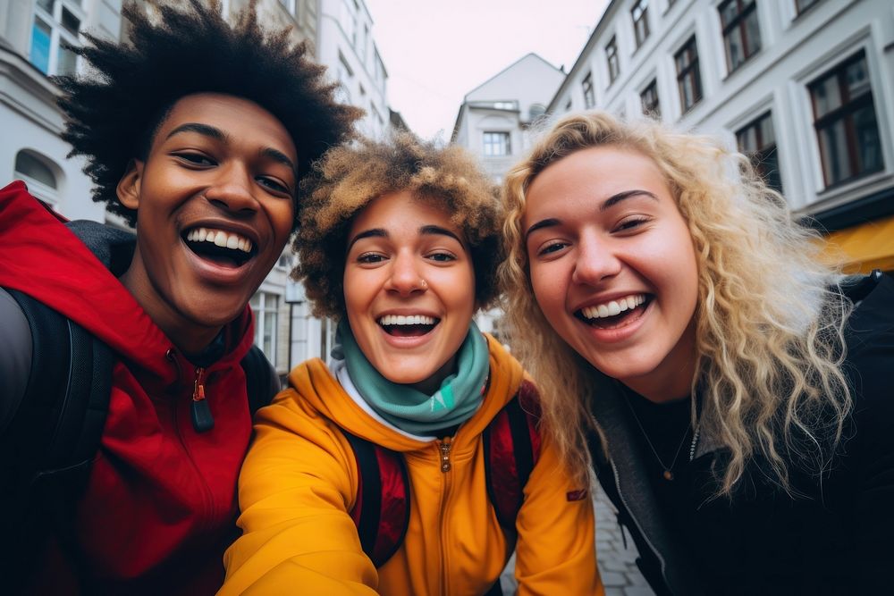 Diverse university student friends selfie laughing smile. AI generated Image by rawpixel.