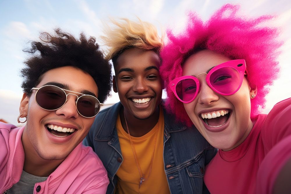 Diverse university student friends selfie sunglasses laughing. AI generated Image by rawpixel.