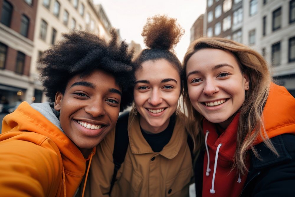 Diverse university student friends selfie laughing adult. AI generated Image by rawpixel.