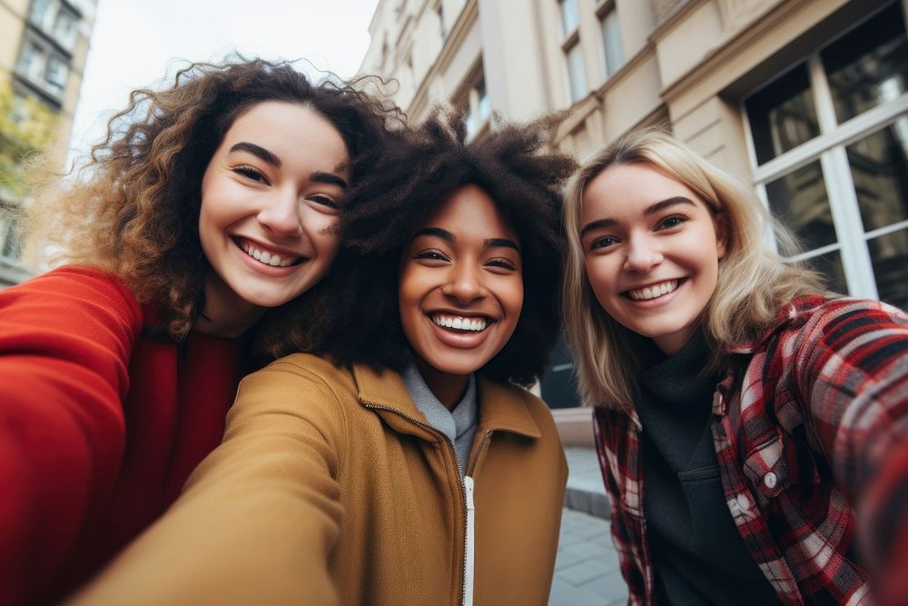 Diverse university student friends selfie cheerful laughing. AI generated Image by rawpixel.