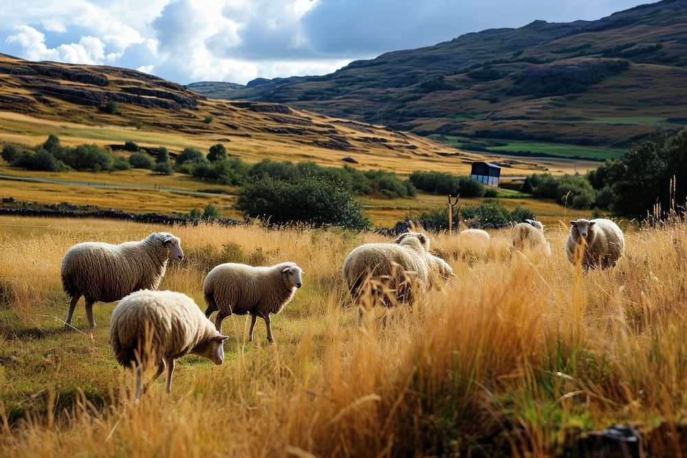 Sheep on pasture sheep landscape grassland. AI generated Image by rawpixel.
