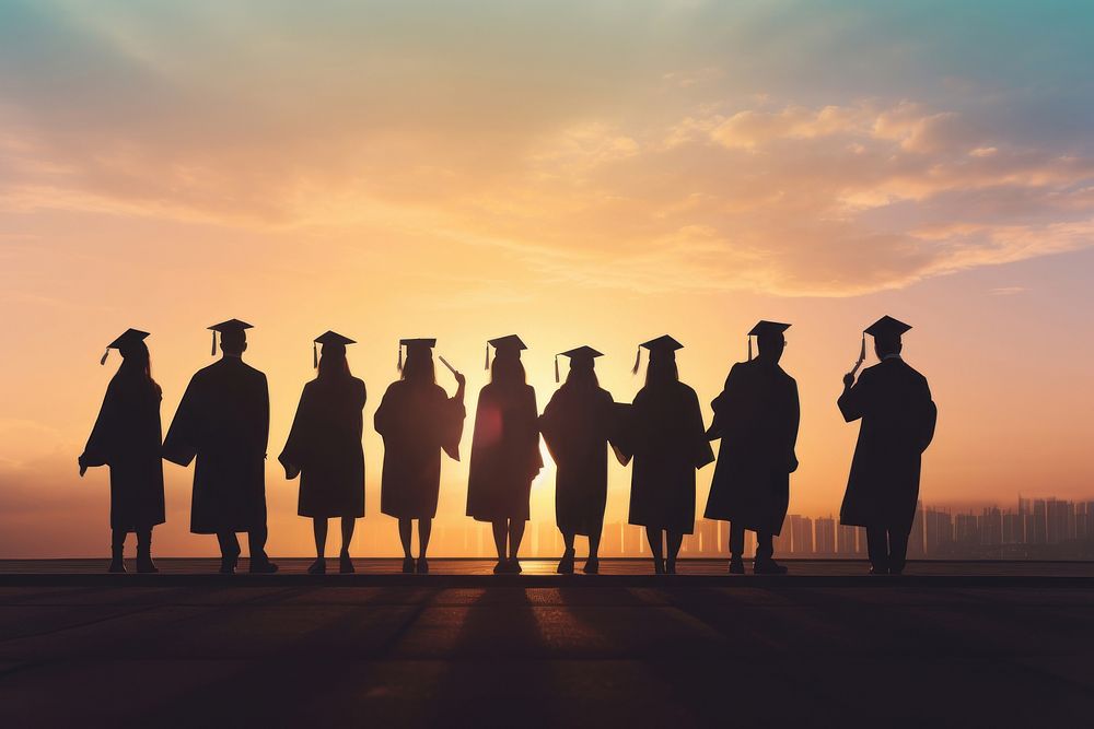 Students with graduate caps silhouette graduation sunset. AI generated Image by rawpixel.