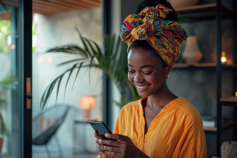 African turban using smartphone smiling portability relaxation.