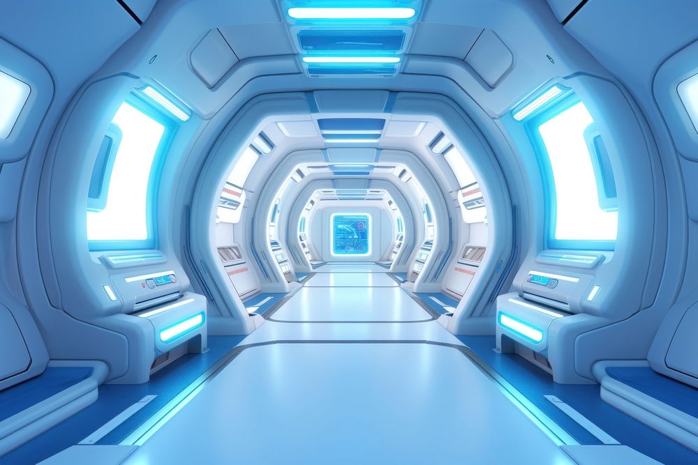 3d render of empty spaceship architecture hospital corridor.