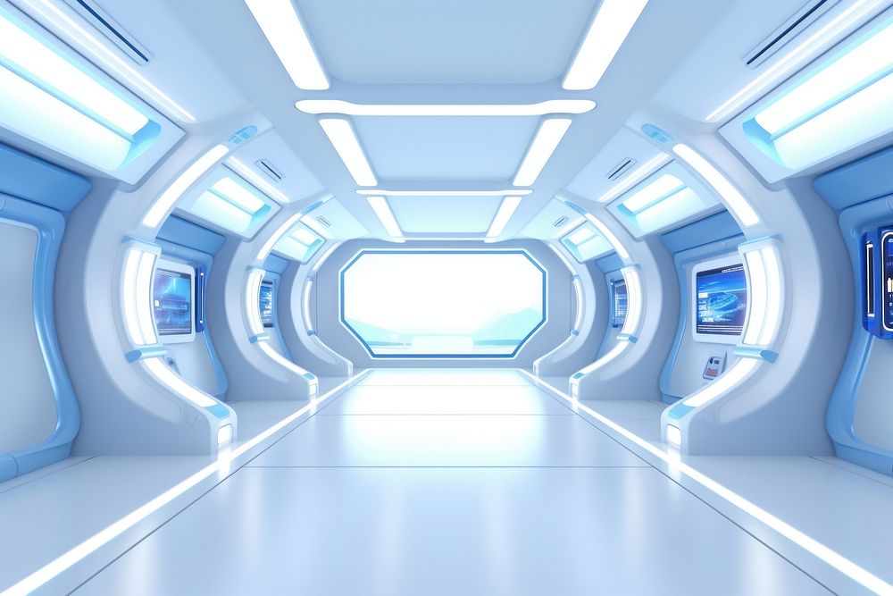 3d render of empty spaceship architecture corridor blue.