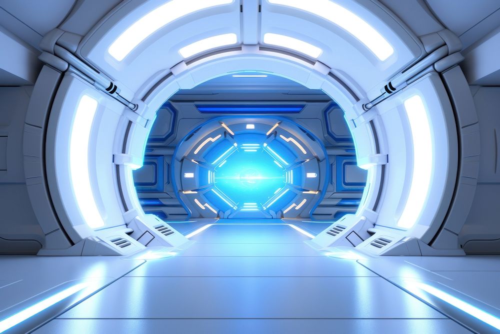 3d render of empty spaceship architecture light blue.