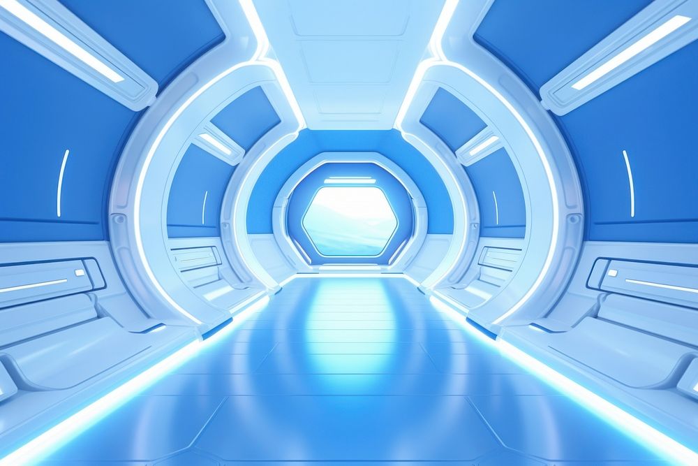 3d render of empty spaceship architecture light blue.