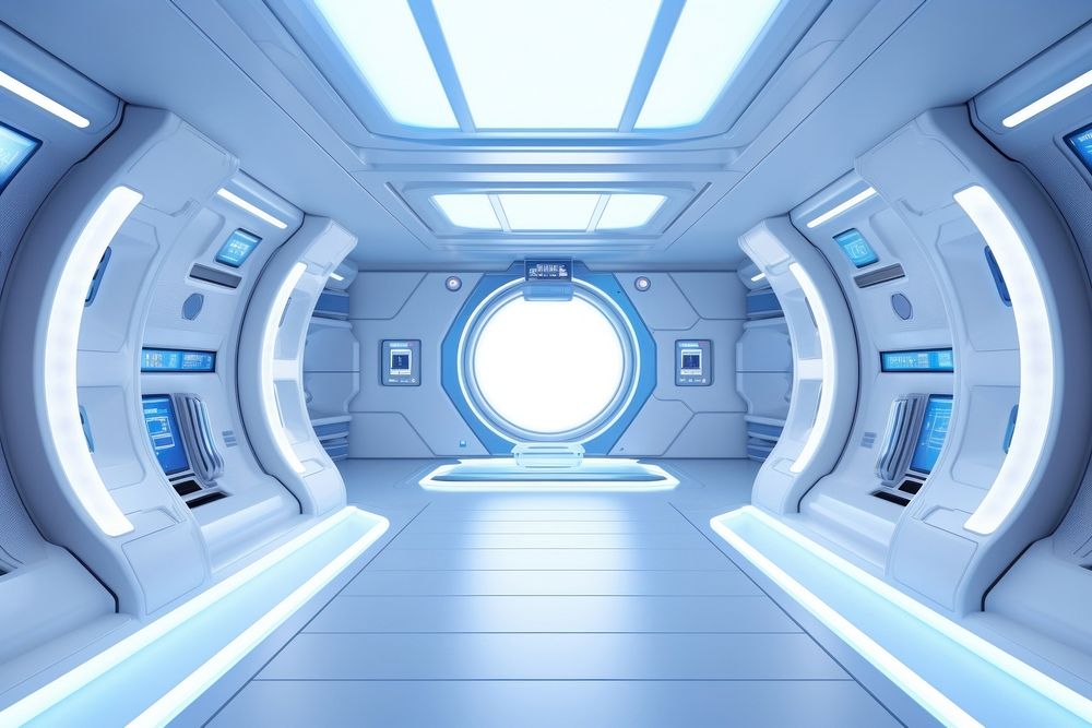 3d render of empty spaceship architecture hospital blue.