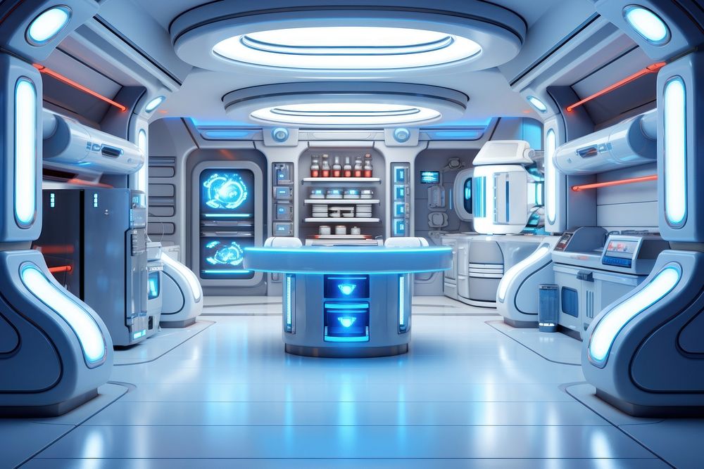 3d render of kitchen spaceship blue architecture illuminated.