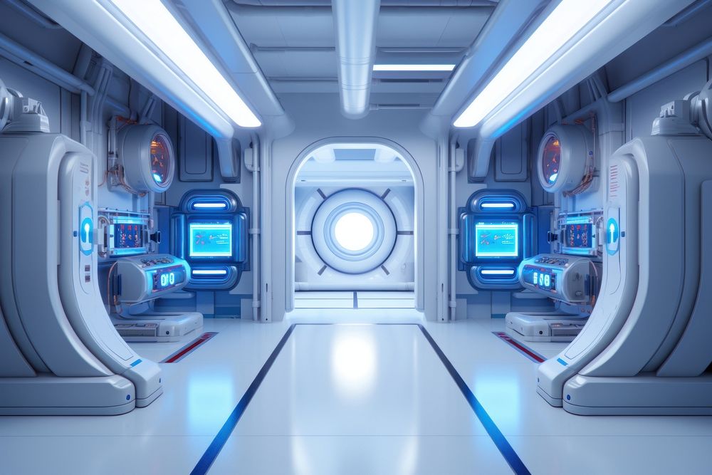 3d render of maintenance room in spaceship architecture hospital blue.