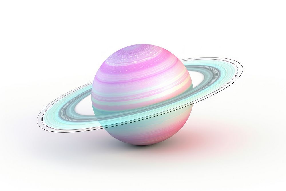 Saturn iridescent planet space white background.